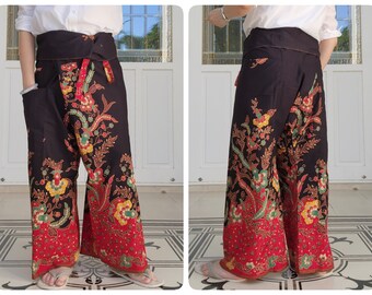 Thailändische Fischerhose in Baumwolle Batik Bedruckt mit Seitentasche, lässige Wickelhose, Lounge-Wear, Nachthose, Strandhose