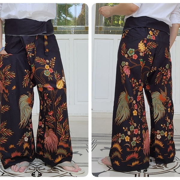 Thai Fisherman Pants in Cotton Batik Printed with Side Pocket, Casual Wrap Pants, Lounge-wear, Night Pants, Beach Pants