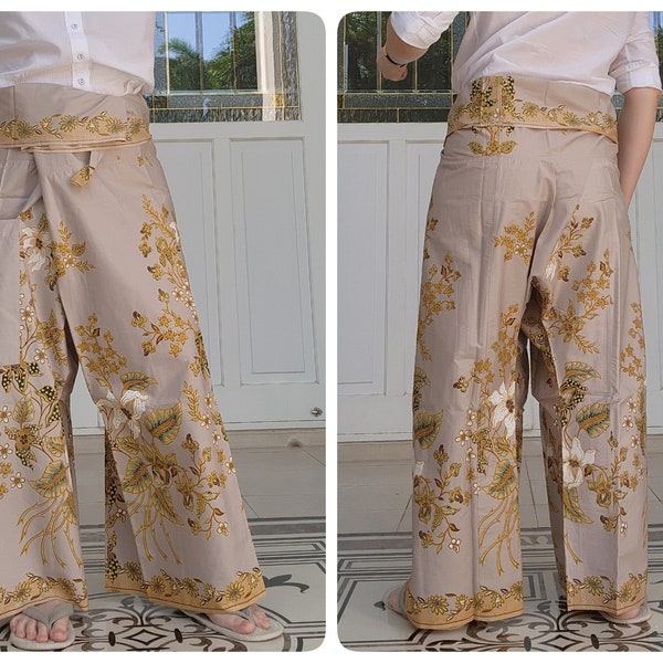 Pantalon de pêcheur thaïlandais en batik de coton imprimé avec poche latérale, pantalon portefeuille décontracté, tenue de détente, pantalon de nuit, pantalon de plage