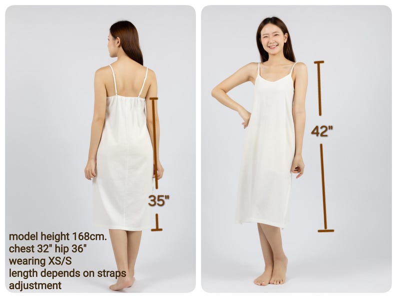May include: White sleeveless maxi dress with adjustable straps. The dress is 42 inches long and 35 inches from the shoulder to the hem. Model height is 168 cm, chest 32 inches, hip 36 inches, wearing size XS/S.