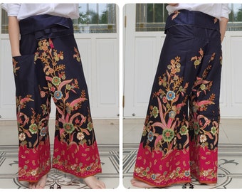 Thai Fisherman Pants in Cotton Batik Printed with Side Pocket, Casual Wrap Pants in Black, Lounge-wear, Night Pants, Beach Pants