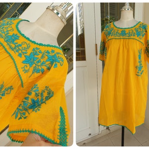 Hand Embroidery Mexican Oaxacan Tunic Vintage Inspired, Short Sleeves Sundress in Yellow, Beach Wear Swim Cover Up