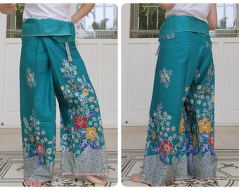 Fisherman Pants in Cotton Batik Printed in Teal Green, Casual Wrap Pants, Lounge-wear, Night Pants, Beach Pants