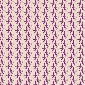May include: A repeating pattern of purple swallows in flight against a cream-colored background. The birds are stylized with outstretched wings, creating a visually dynamic and symmetrical design. This pattern is suitable for fabric or wallpaper.