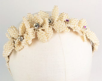 Bridal ivory pearl headband, Pearl & crystal headband with Peyote stitched lilac flowers, Wedding Bridal pearl hair accessory. Style: #2002.