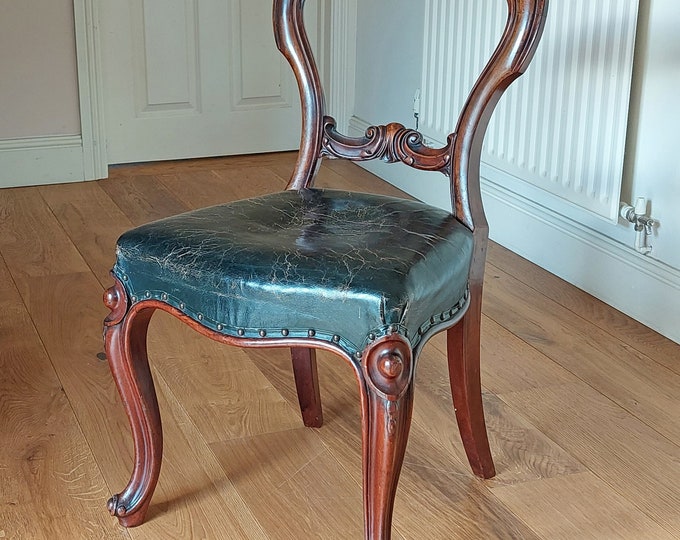 Mid 19thC Mahogany Balloon Back Side or Desk Chair with Leather Seat