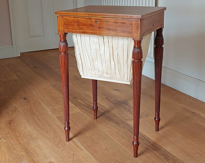 19th Century Cross-Banded & Line Inlaid Mahogany Sewing Table