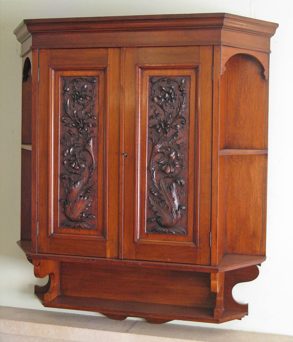 Late Victorian Walnut Wall Hung Cabinet With Carved Door Panels