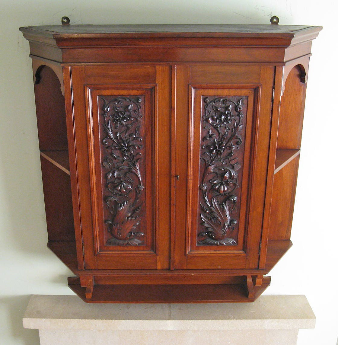 Late Victorian Walnut Wall Hung Cabinet With Carved Door Panels