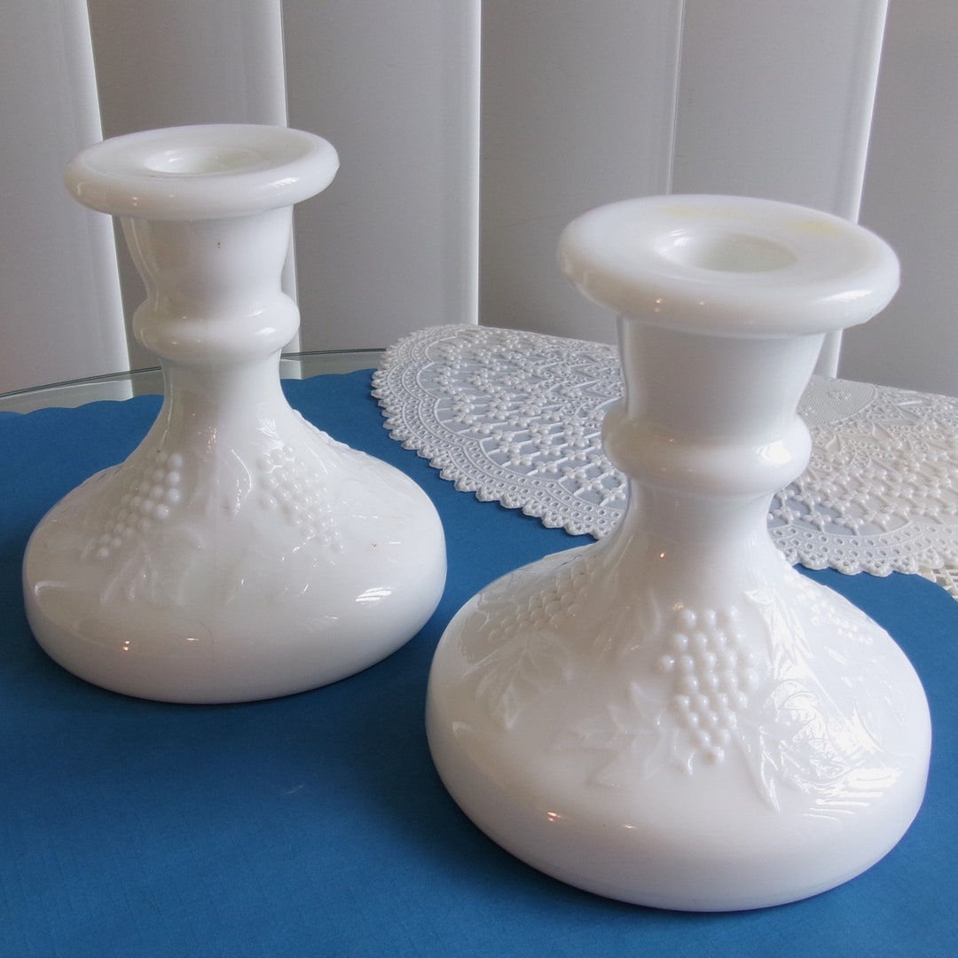Vintage Milk Glass Candlestick Holders Grape Design Etsy