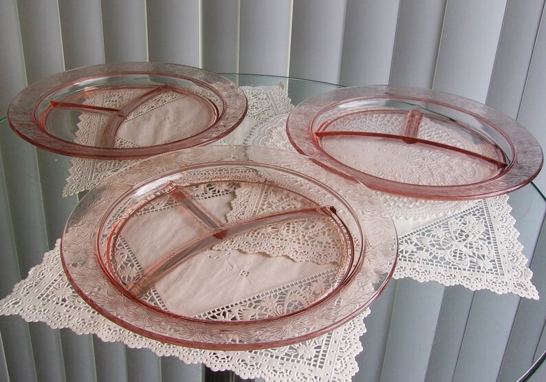Pink Depression Glass Grill Plates Dogwood Set of Three Etsy