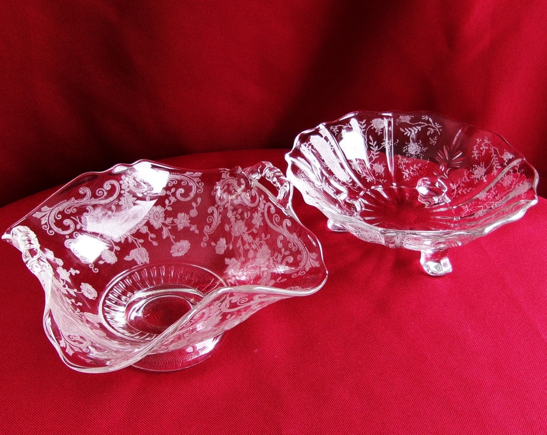 Small Etched Glass Bowl Pair, Floral Design - Etsy