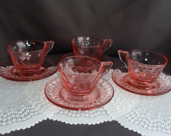 Vintage Pink Depression Glass Tea Cup & Saucer Set, 8pc Etsy