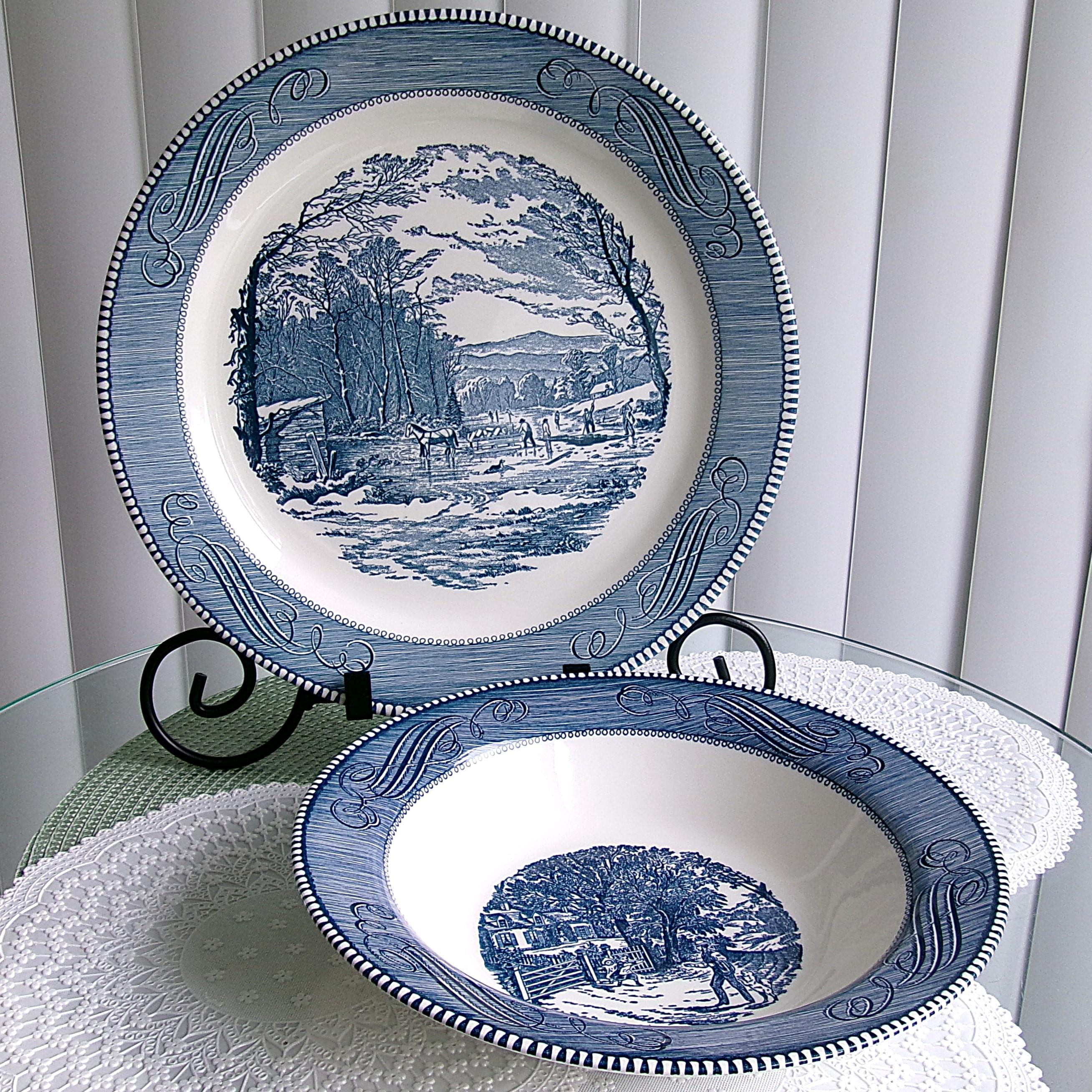 Blue Currier and Ives Dishes