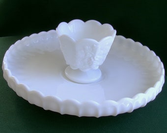 Vintage Milk Glass Chip & Dip, Snack Set, Fenton