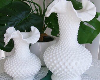 Vintage Fenton Milk Glass Ruffled Vase Set