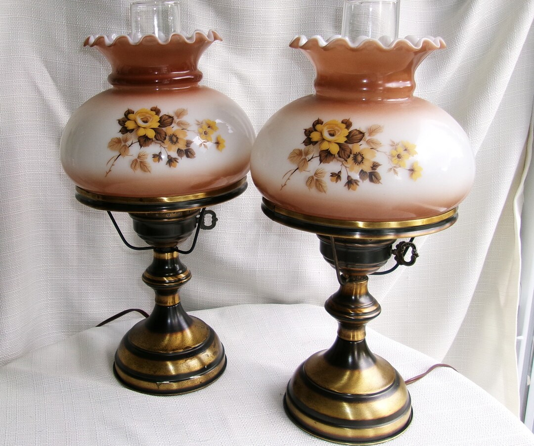 Vintage Hurricane Table Lamp Pair Brown & Yellow Floral Etsy