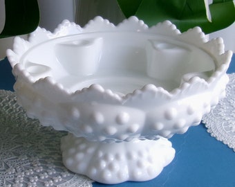 Fenton Footed Hobnail White Milk Glass 6 Candle Holder Bowl Centerpiece