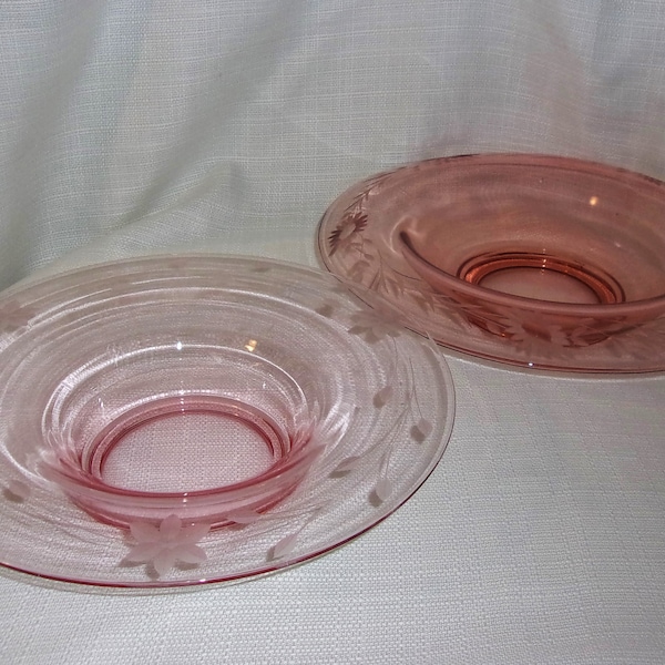 Pair Pink Depression Glass Etched Floral Rolled Edge Console Bowls