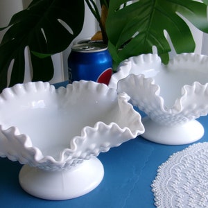 Vintage Pair Fenton Milk Glass Hobnail Bowls, 8&quot;
