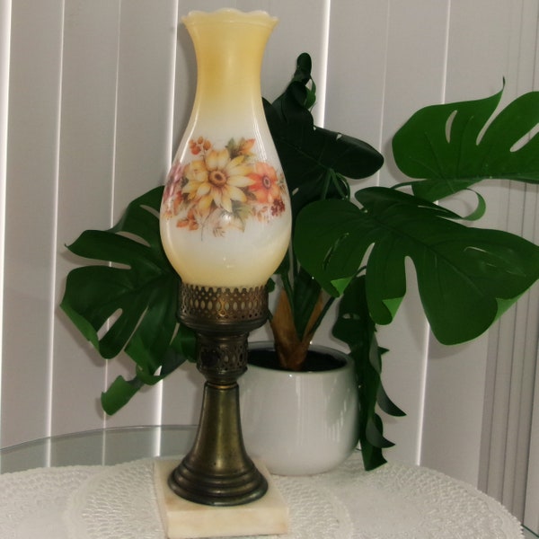 Vintage Hurricane Lamp, Marble Base, Yellow Floral