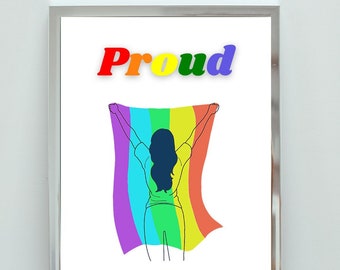 LGBTQ Proud Woman With Rainbow Flag Instant Digital Download Art Print, LGBTQ Pride Month Rainbow Poster, Rainbow Pride Month Wall Art