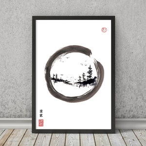 Japanese Sumi-e Forest Print: Enso Circle Zen Art