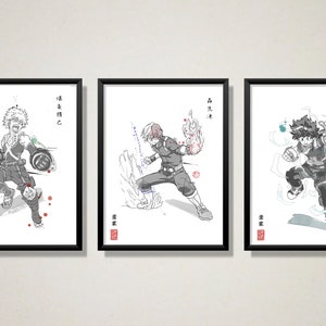 My Hero Academia Fanart Prints - Sumi-e Japanese Ink brush - decor anime gift Shoto Katsuki Izuku manga