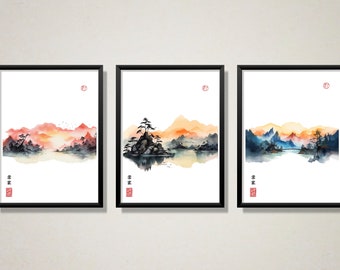 May include: Three framed watercolor paintings depicting Japanese-inspired landscapes with mountains, water, and trees. Each painting has a red stamp in the bottom right corner.