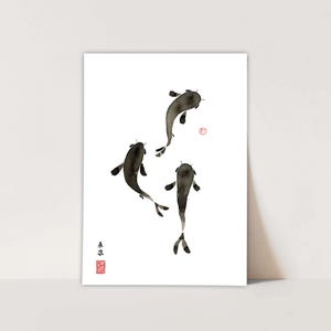 May include: A black and white ink painting of three fish swimming in a circle. The fish are drawn in a simple, elegant style, and the painting is set against a white background.