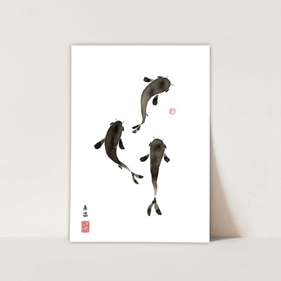 Koi Carp Sumi-e Print: Japanese Ink Wash Painting