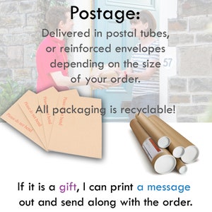May include: A person is delivering a package. The text on the image reads "Postage: Delivered in postal tubes, or reinforced envelopes depending on the size of your order. All packaging is recyclable! If it is a gift, I can print a message out and send along with the order."