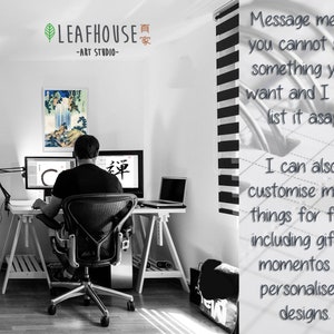 May include: A person sits at a desk in front of two computer monitors. The monitors display a graphic design and a Japanese character. The desk is made of wood and has a white surface. The person is wearing a black shirt and has short brown hair. The wall behind the desk is white and has a sign that says "LEAFHOUSE - ART STUDIO - 頁家". The text on the right side of the image says "Message me if you cannot see something you want and I will list it asap. I can also customize most things for free including gifts, momentos or personalized designs."