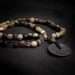 Handmade 60” Natural Ox Horn Beaded Necklace with Sun-Ring Pendant | Tribal Boho Gothic Style | Unisex Button Closure