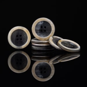 May include: A close-up of four black and white buttons with a ring of white around the edge and four holes in the center. The buttons are stacked on top of each other.