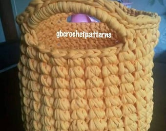 CROCHET PATTERN - Crochet Basket Pattern, Round Big Basket with handle T-shirt Yarn Pattern,  DIY sturdy basket, Crochet Storage for Bath