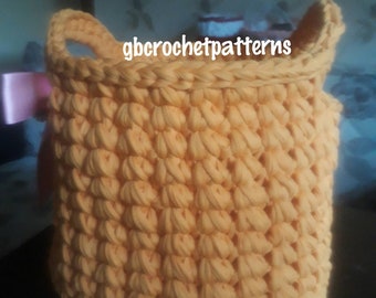 CROCHET PATTERN - Crochet Basket Pattern, Round Big Basket with handle T-shirt Yarn Pattern,  DIY sturdy basket, Crochet Storage for Bath