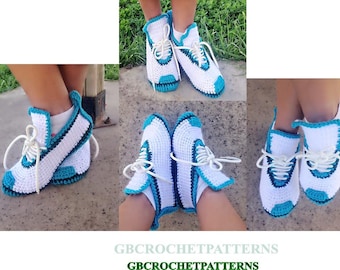 May include: White and turquoise crocheted slippers shaped like sneakers. The slippers have a white base with turquoise accents and laces.