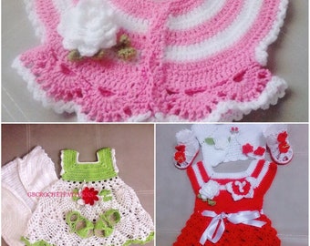 Paquete de cestas con patrones de crochet, conjuntos de vestidos para bebé, patrones de paquetes de vestidos y zapatos para bebé hechos a crochet, 3 patrones en total