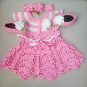 Crochet Baby Dress Pattern set, girls summer crochet dress, dress with shoes bolero headband set, Baby gift dress Crochet pattern, D8