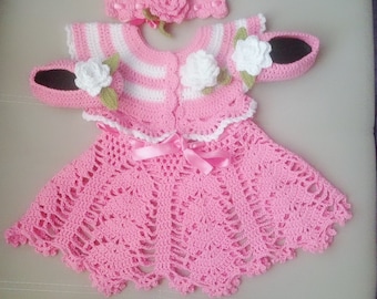 Crochet Baby Dress Pattern set, girls summer crochet dress, dress with shoes bolero headband set, Baby gift dress Crochet pattern, D8