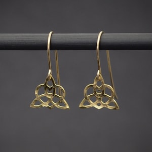 Celtic earrings, hammered tiny gold Celtic knot with heart dangle earrings