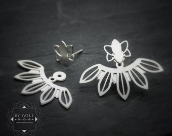Leaf ear jacket earrings flower earrings botanical silver stud earrings