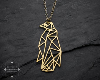 Penguin necklace origami penguin pendant gold penguin jewelry geometric necklace