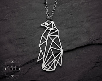 Collier pingouin, pendentif pingouin origami géométrique en argent.