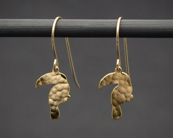 Toucan earrings, gold bird dangle drop earrings tropical jewelry