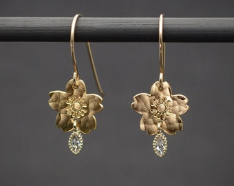 Sakura earrings, gold sakura flower with zircon dangle earrings