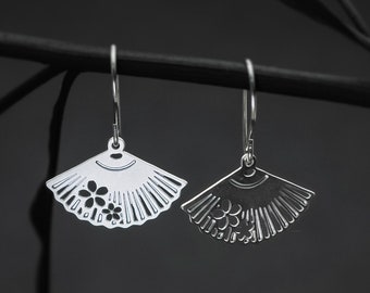 Fan earrings Japanese fan dangle earrings silver fan drop earrings