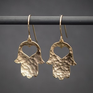 Hamsa earrings gold hammered hamsa hand with heart dangle earrings