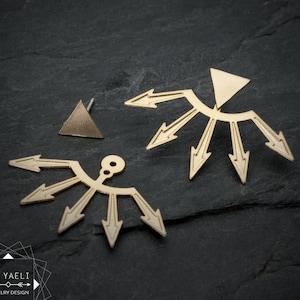 Ear jacket earrings, geometric triangles gold arrow stud earrings
